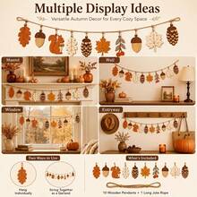 11pcs Thanksgiving Harvest Wooden Hanging Banners, Maple Leaf, Squirrel, Acorn And Pinecone Decor, Rustic Farmhouse Style - Multicolor - View 3