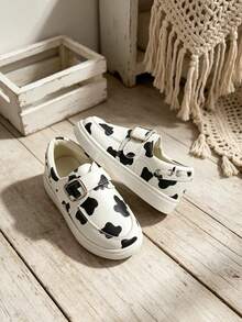 1 Pair Girls' Printed Hook & Loop Round Toe Flat Shoes, Comfortable Soft Casual Sports Shoes - Black and White - View 2