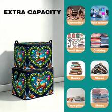 1PC Foldable Christmas Storage Box, Deep Blue Night Sky Background With Jumping Reindeer, Heart Light Garland, Colorful Balloons, Gift Boxes, Christmas Tree And Snowflake Print, Fabric Storage Box With Zipper Handle, Soft Holiday Decoration Organizer, Suitable For Home Wardrobe And Bedroom - Multi-color - View 6