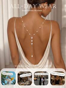 1pc Exquisite Beaded Faux Pearl Y-Shaped Back Necklace, Vertical Leaf Rhinestone Pendant Body Jewelry, Evening Party Dress Accessory - Rhinestone - View 3