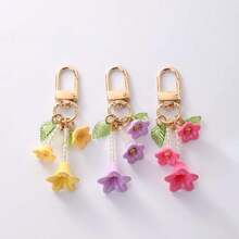 1pc Macaron Color Lily Of The Valley Keychain, Beaded Bell Flower Bag Charm With Gold Rotating Clasp, Floral Pendant, Suitable For Handbags, Backpacks And Keys - Quantity - View 7