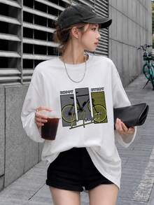 Women's Fashion Autumn/Winter Loose Versatile Bicycle Letter Print Long Sleeve T-Shirt Casual - White - View 2
