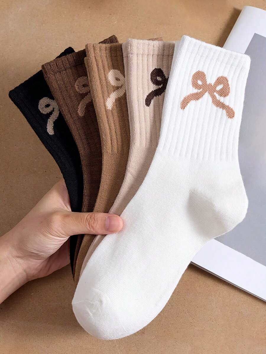 5 Pairs Women's Ankle Socks, Bow Design Black & White Mid-Calf Socks, Suitable For All Seasons Home Wear - Multicolor - View 1