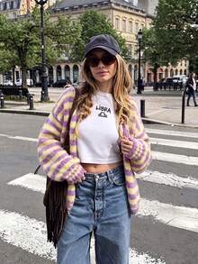 Women's Cute Commute V-Neck Long Sleeve Knit Cardigan, Soft Ribbed Knit Striped Cardigan, Autumn Daily Comfortable Minimalist Loose Top - Purple - View 2