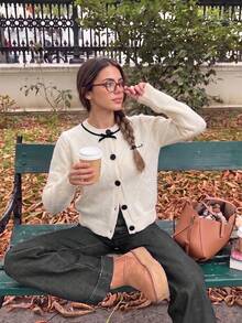 Korean Style Sweet Girl Autumn/Winter Knit Cardigan Sweater With Single-Breasted Bow Detail - Apricot - View 2