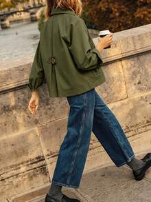 Short Lapel Utility Jacket, Back Button Detail, Loose Fit Autumn/Winter Outerwear, Suitable For Casual Outdoor Activities - Army Green - View 5