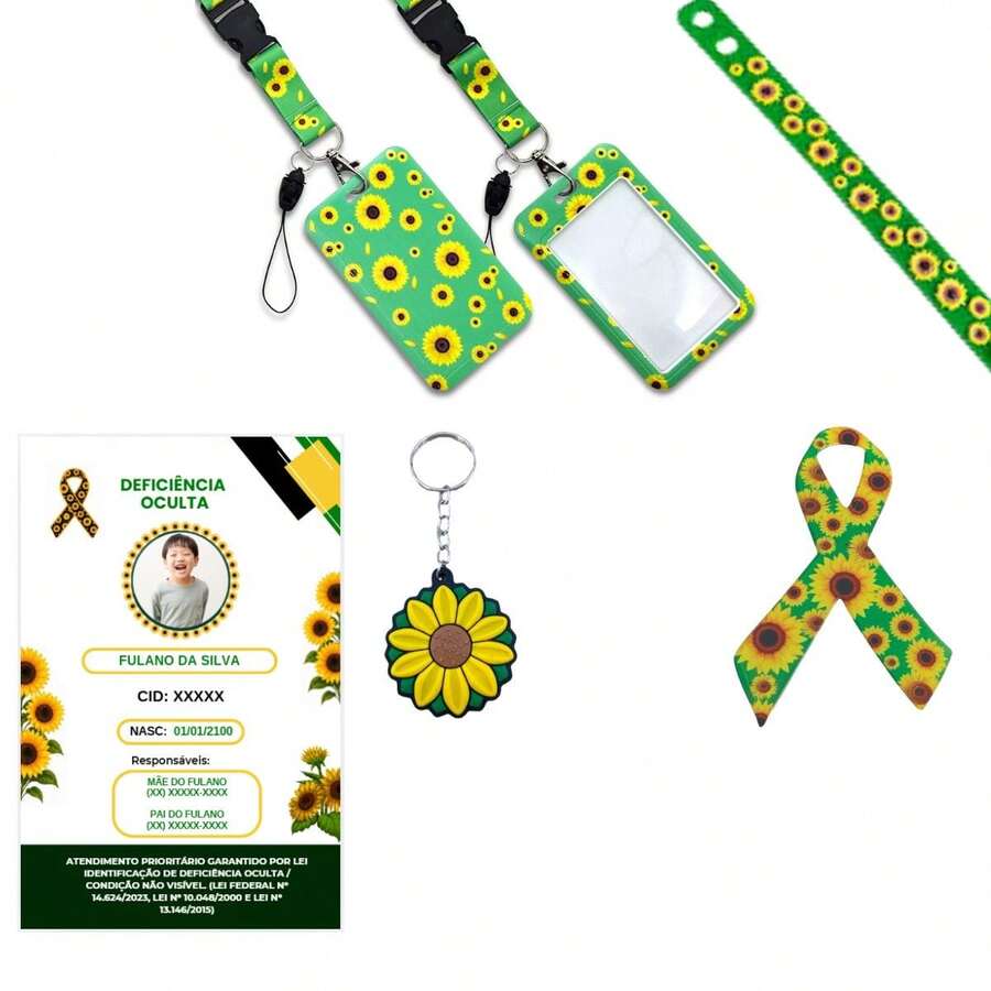 Crachá Girassol Deficiência Oculta + Cordão, Acompanha Cartão Impresso, Pulseira, Adesivo e Chaveiro - Tamanho Único - Visão 1