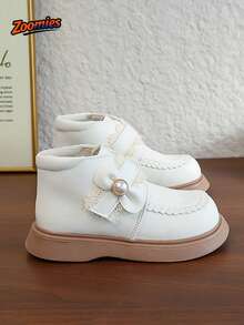 All Season Girls' Cute Fashion Boots, Lace + Pearl Bow Decor Boots, Princess Style College Style Non-Slip Wear-Resistant, Suitable For 5-12 Years Old - Beige - View 3