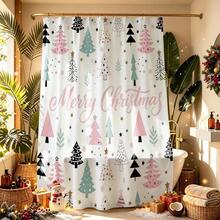 1pc Christmas Tree Letter Shower Curtain, Vintage Design, Waterproof Bath Curtain, Suitable For Bathtub Partition, Bathroom Decor And Bathroom Accessories, Home Decor Gift, Comes With 12 Hooks - Multicolor - View 6