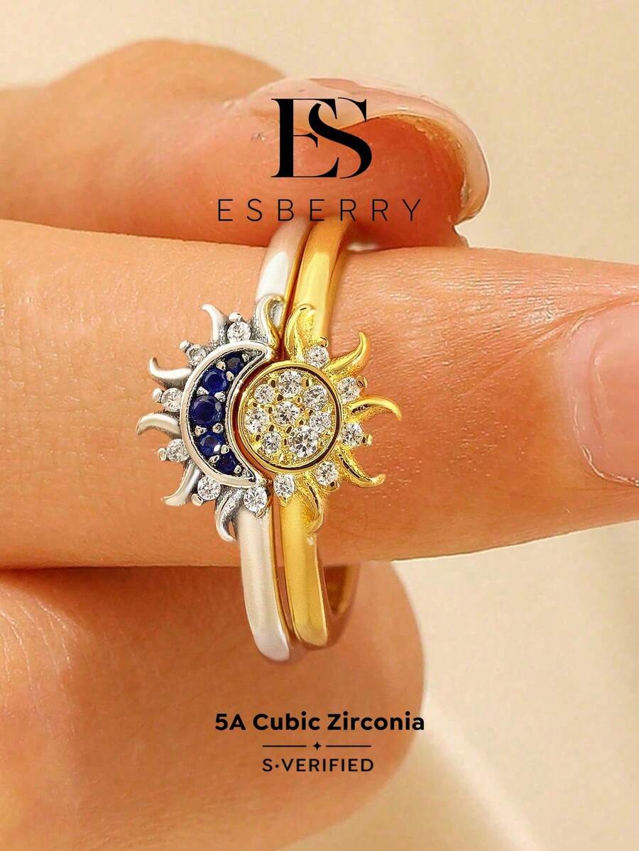 ESBERRY 2pcs Luxury Sun & Moon Cubic Zirconia Stackable Ring Set, Perfect For Valentine's Day, Wedding, Birthday Party And Other Occasions, Exquisite Jewelry
