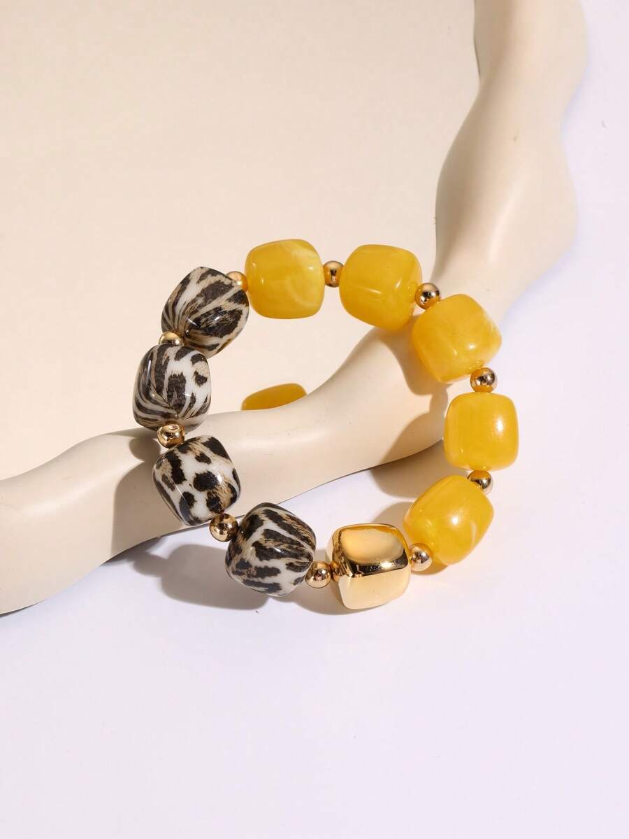 Leopard Print Colorblock Square Bead Elastic Bracelet, Bohemian Style Colorful Beaded Women's Party & Vacation Accessory - Yellow - View 1