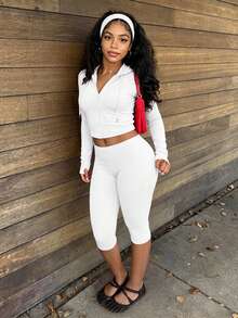 LovelyWholesale Women's Casual Hooded Solid Color Sheer Long Sleeve Top + Slim Fit Capri Pants 2 Pieces Set, Summer Elegant Outfit - White - View 4
