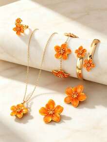 A Set Of French Retro Fashion Orange Drip Oil Flower Jewelry Set, Light Luxury Flower Accessories - Flowers - View 1