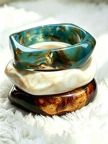 3pcs Geometric Asymmetrical Resin Acrylic Bangle Set, Bohemian Style Statement Jewelry Accessory, Versatile Layered Bangle For Women, Birthday Gift - Multicolor - View 1