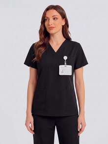 Solid Color V-Neck Short Sleeve Top And Elastic Waist Multi-Pocket Scrub Pants Scrub Uniform Set - Black - View 1