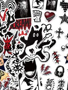 50pcs Retro Punk Stickers – Rock Grunge Gothic Skull Cross Vinyl Decals – Alternative Emo Star Lightning Stickers For Laptop Phone Case Guitar Skateboard Journal - Black - View 1