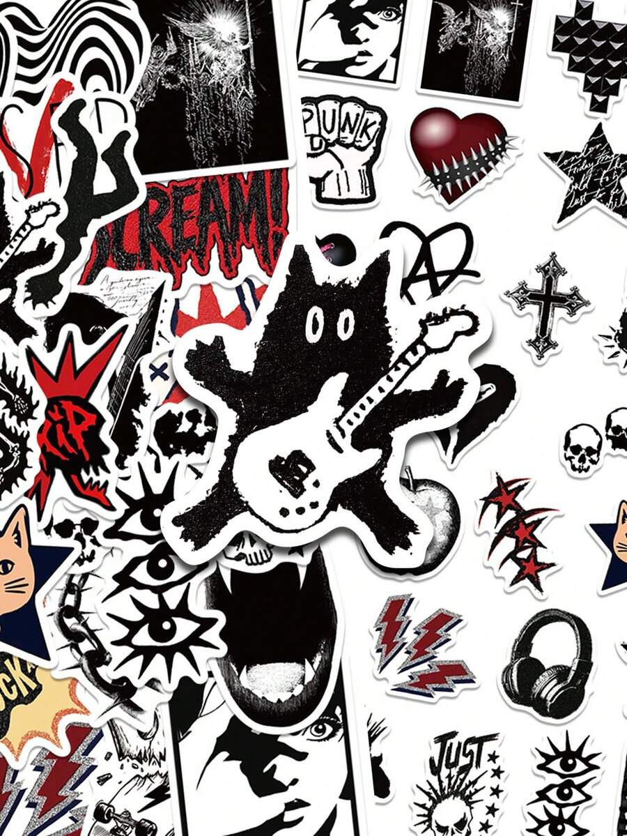 50pcs Retro Punk Stickers – Rock Grunge Gothic Skull Cross Vinyl Decals – Alternative Emo Star Lightning Stickers For Laptop Phone Case Guitar Skateboard Journal - Black - View 1