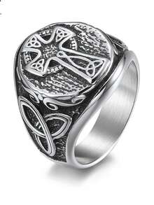 1pc Men's Size Ring, Silver Metal Vintage Cross Ring, Daily Party Music Festival Outfit, Street Accessory - Antique Silver - View 2