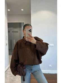 Women's Oversize Women's Suede Jacket  Bomber Suede Jacket - Brown - View 3