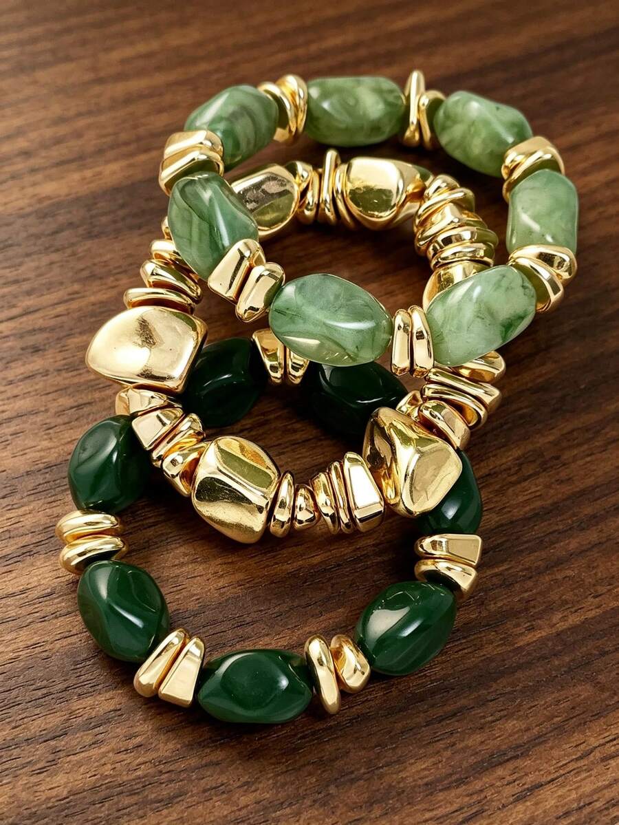 3pcs/Set Fashion Retro Exaggerated Bohemian Thick Multi-Layer Acrylic Beaded Bracelets For Women