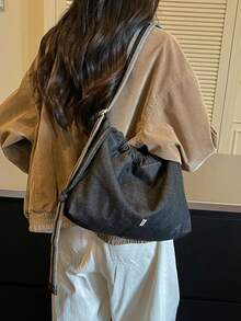 Fashion Solid Color Pleated Shoulder Bag, Drawstring Design, Suitable For Women Shopping, Dating, Gift And Daily Use - Black - View 4