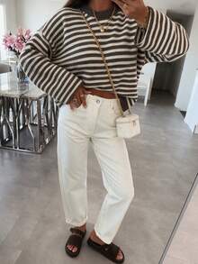 Women's New Contrast Color Striped Crew Neck Long Sleeve Knit Top, Casual Daily Commute Versatile Fall - White and Brown - View 4