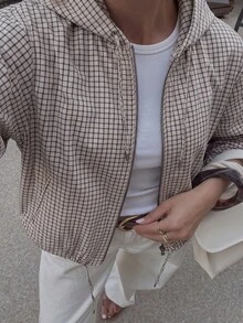 ACKCER 女款秋冬淺灰色格紋印花連帽拉鍊抽繩下擺落肩寬鬆短版夾克 - 彩色 - 查看 5