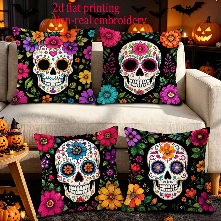 Almohada JHUA Día de Muertos(relleno), Impresión Doble Cara Calavera Floral, Cierre para Sofá Decoraciónéxico Carnaval Halloween, 45cm Cuadradas - Multicolor 002 - Ver 1