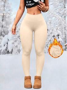 Plus Size Winter Warm Black Knitted Flare Leggings, High Elasticity Women's Thermal Base Layer Pants, Suitable For Cold Weather - Apricot - View 3