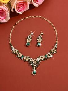 1 Set Luxury Scarf Jewelry Set, Women's -Shaped Exaggerated Necklace And Dangle Earrings, Zinc Alloy All-Season Party Accessories, Suitable For Wedding, Valentine's Day, Christmas, Evening Party - Green - View 3