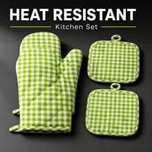 2pcs Heat Resistant Polyester Oven Gloves And Pot Holders Set, Green Coffee Plaid Double-Sided Quilted Insulated Kitchen Glove, Waterproof Non-Slip For Baking BBQ Cooking, Easy Clean Kitchen Essential Tool, Christmas Gift For Home Cooks - View 9