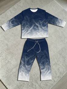 Autumn Men's Loungewear Set, Plus Size Men's 2 Pieces Set, Gradient Mountain Long Sleeve Graphic T-Shirt Paired With Men's Wide Leg Pants, Drawstring + Pocket Design, Suitable For Tall Men And Plus Size Men, Can Be Worn At Home Or Out - Multicolor - View 2