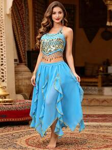 2pcs Belly Dance Performance Costume, Dance Performance Outfit, Top + Belly Band, Chili Pepper Theme Stage Performance Costume, Practice Set, Ruffle Long Skirt, Soft Comfortable Lightweight Chiffon Fabric - Multicolor - View 18