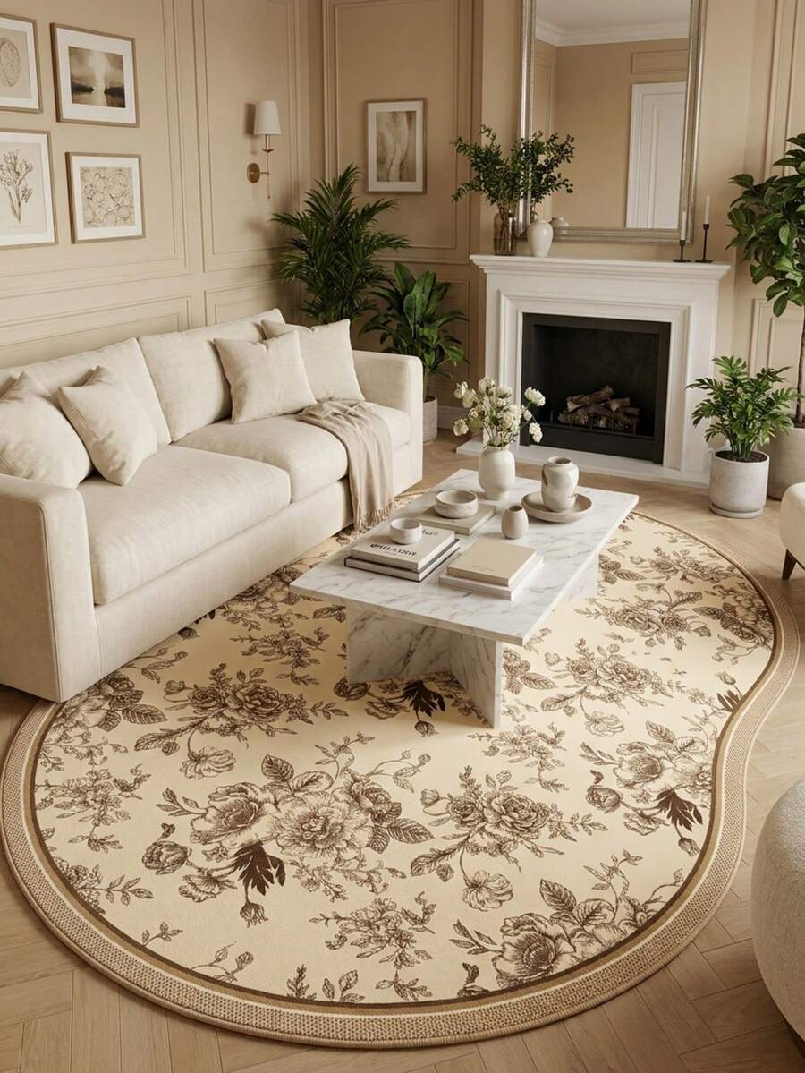 1PC Beige Brown Line Drawing Rose Floral Pattern French Vintage Pastoral Carpet, Elegant Classical Style Faux Cashmere Asymmetrical Wavy Oval Full Coverage White Outline Rose Branches & Vines With Multi-Layer Geometric Border Details Machine Washable Area Rug, Suitable For Living Room Bedroom Balcony, All Season Home Decor - Multicolor - View 1