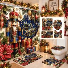 1pc/4pcs Blue & Gold Nutcracker Pattern Multifunctional Bathroom Decor Shower Curtain Set, Free 12 Hooks, Premium Holiday Atmosphere, Bathroom Mat, U-Shaped Rug And Round Toilet Lid Cover, Suitable For All Occasions, Bathroom Set - Blue and Gold Nutcracker - View 1