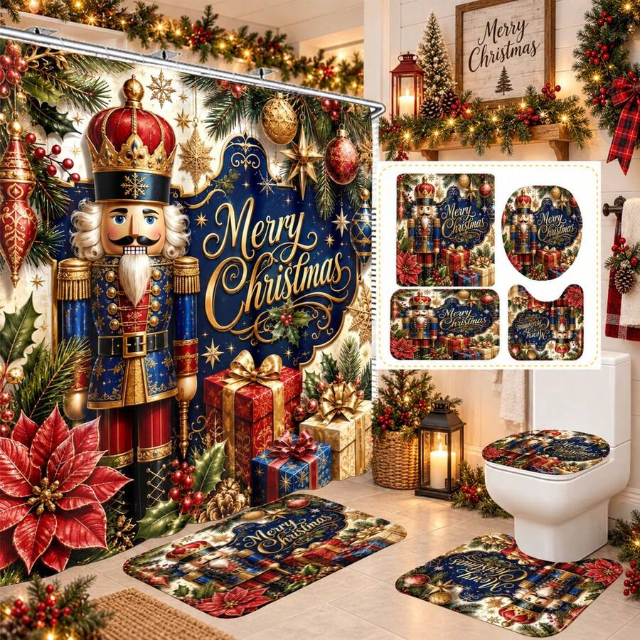 1pc/4pcs Blue & Gold Nutcracker Pattern Multifunctional Bathroom Decor Shower Curtain Set, Free 12 Hooks, Premium Holiday Atmosphere, Bathroom Mat, U-Shaped Rug And Round Toilet Lid Cover, Suitable For All Occasions, Bathroom Set - Blue and Gold Nutcracker - View 1