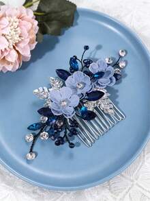 Sisir Rambut Pengantin Motif Bunga Biru Romantis, Aksesori Rambut Daun Perak Kristal & Manik-manik, Cocok Untuk Pengantin Wanita, Pengiring Pengantin, Pernikahan, Pesta Topeng & Acara Formal - Biru - View 2