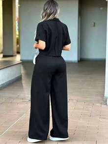 兩件式夏季女款時尚純色休閒套裝：翻領口袋短袖上衣搭配高腰直筒長褲，優雅黑色 - 黑色 - 查看 6