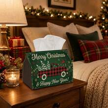 1pc Classic Farmhouse Style Winter Tissue Box - Christmas Napkin Holder, Available In Durable Polyester Material, Decorated With Vintage Truck And Pine Tree Pattern, Suitable For Living Room, Winter Christmas Home Decor And Family Gathering Party - A - View 5