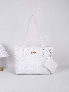 Women Floral Lace Tote Bag Set, Large Capacity Shoulder Handbag With Mini Coin Purse, Ladies Top Handle Bag For Casual Daily Shopping Travel Beach - 4 Colors - View 12