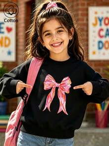 Girls Bow Print Crew Neck Casual Sweatshirt, Long Sleeve Loose Fit Kids Pullover For Fall & Spring - Black - View 1