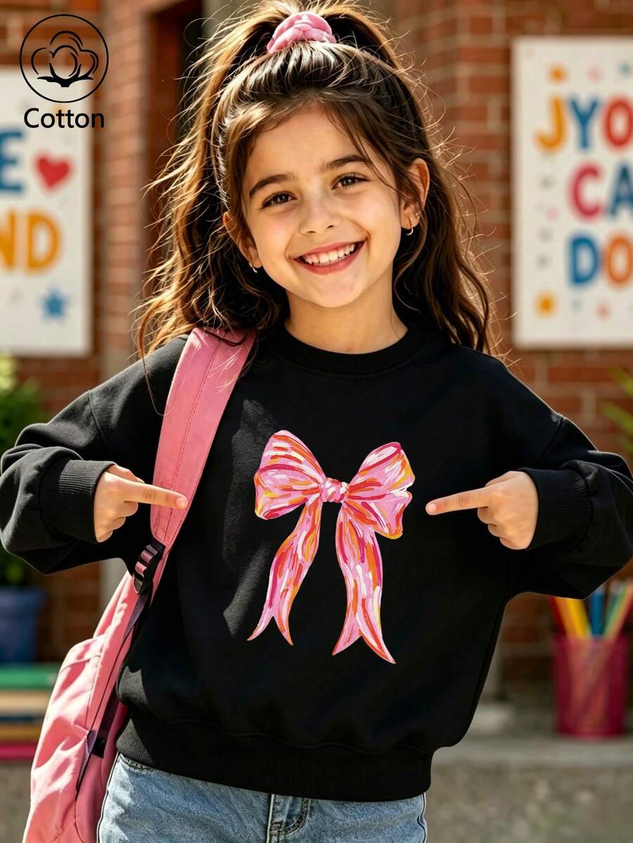 Girls Bow Print Crew Neck Casual Sweatshirt, Long Sleeve Loose Fit Kids Pullover For Fall & Spring - Black - View 1