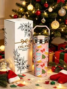 1pc/5pcs 30oz Pink Snowflake Ball Christmas Insulated Tumbler, Stainless Steel, With Handle, Straw And Leak-Proof Flip Lid, Snowman Ball, Christmas Tree And Winter Glove Print, Suitable For Birthday And Holiday Gifts, For Travel, Work, Fitness And Daily Outdoor Use - Pink - Snowman Snow Globe - View 2