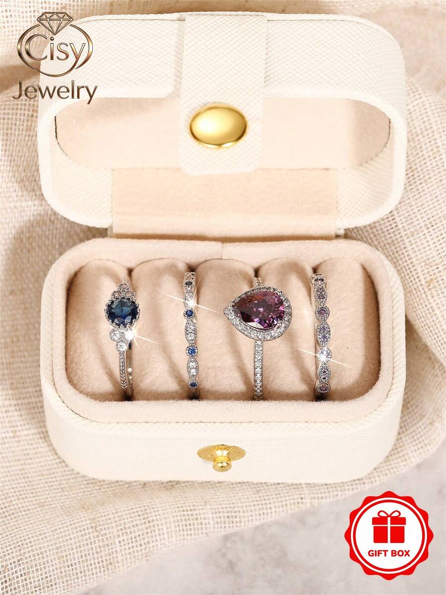 4pcs/Set Elegant Cubic Zirconia Rings For Women, Wedding Anniversary Gift - 1# - View 1