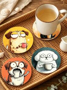 1/4pcs Cute Big Eye Dog Print Wooden Coasters, Fun Puppy Coffee Art Drink Coaster Set, Heat-Resistant Coffee Table Coasters, Home Decor, Kitchen Bar, Party Table Protection, Non-Slip Beverage Coasters, Perfect Housewarming Gift For Dog Lovers - Multicolor - View 2