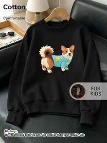Kids Crew Neck Sweatshirt, Felt‑Style Corgi Dog In Sweater Graphic Print Cotton Pullover For Kids - Black - View 9