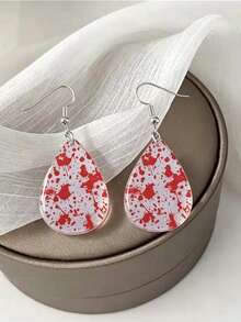 1 Pair White Base Red Splatter Teardrop Shape 2D Flat Acrylic Pendant Earrings, Women's Halloween Party Decoration, No Packaging Box - Earrings - View 2
