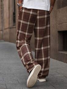 SU ER Men's Summer Casual Elastic Waist Drawstring Loose Drapey Lazy Wide Leg Plaid Curved Leg Long Pants - Coffee Brown - View 4
