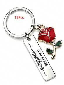 1pc/6pcs/15pcs/24pcs Long Strip Keychain, God Bless Mother Quote, Red Rose Oil Drop Pendant, Gratitude Gift For Mom - Silver - View 10