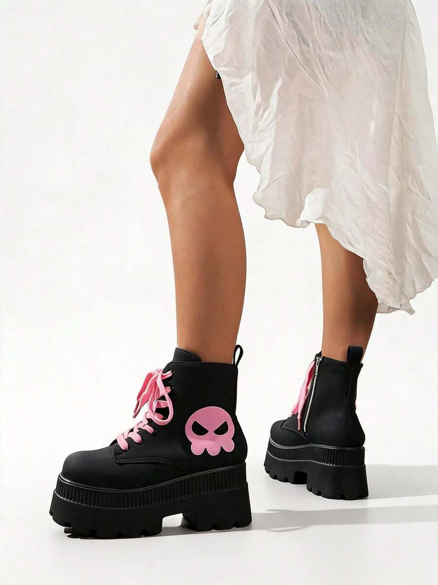 DareSee Oversized Lace-Up Platform Ankle Boots For Women With Square Toe And Chunky Heel, Fall/Winter,Y2k Style - Pink - View 1